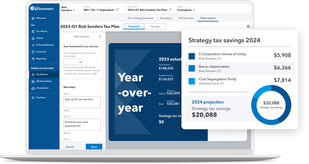 Graphic of a laptop with the ProConnect interface on screen. A tax savings projection user interface is highlighted.